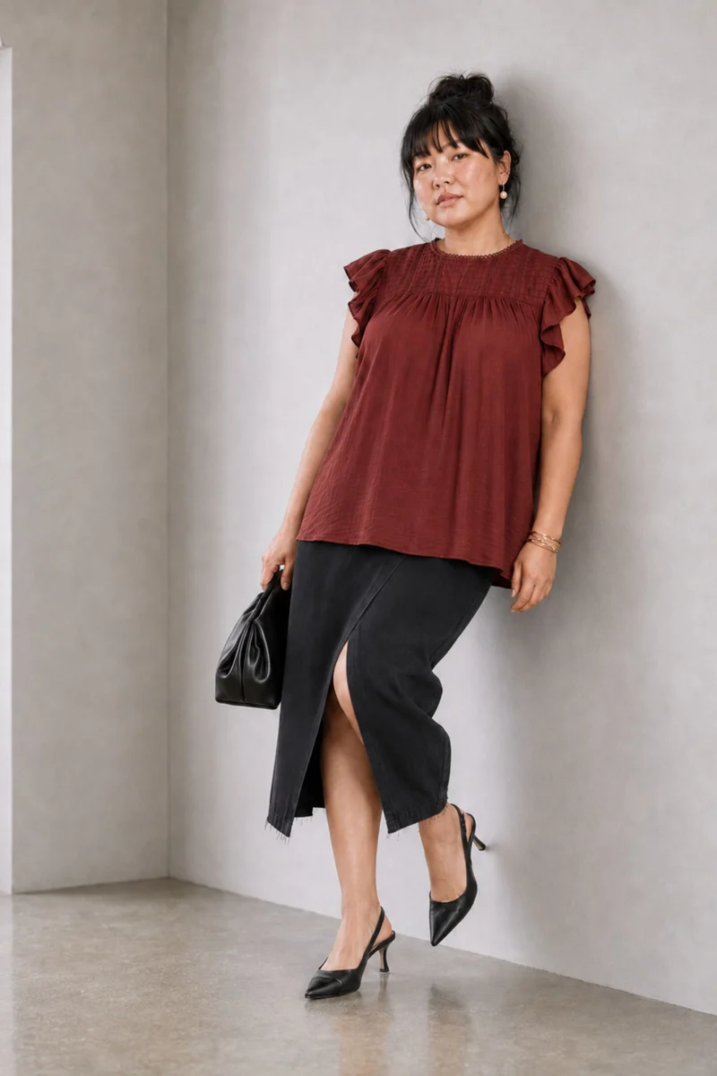 Ruvo|Brown Cotton Slub Ruffle Sleeve Top