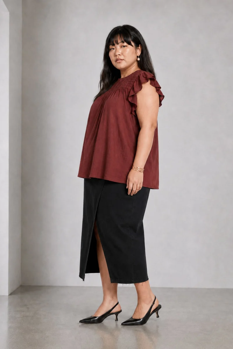 Ruvo|Brown Cotton Slub Ruffle Sleeve Top