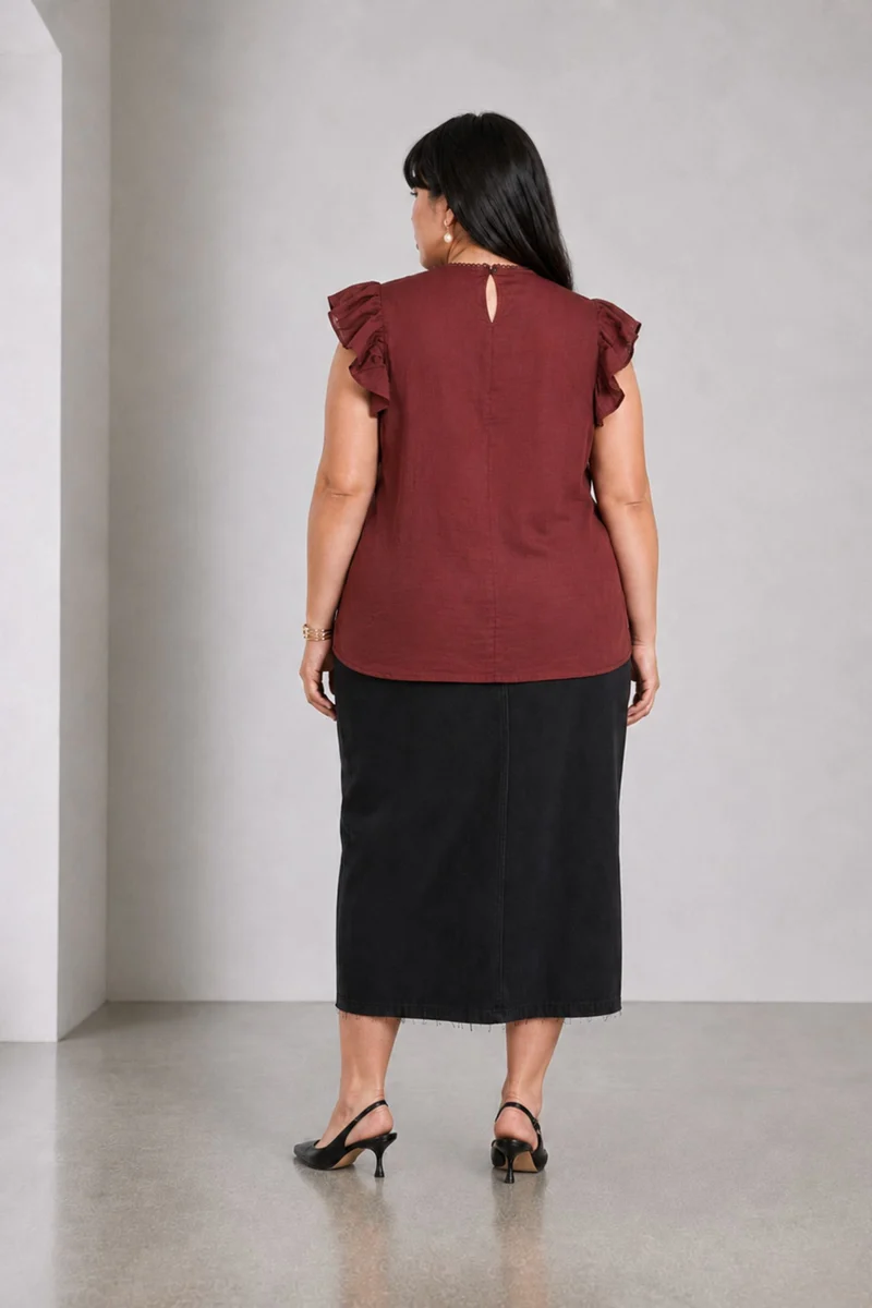 Ruvo|Brown Cotton Slub Ruffle Sleeve Top