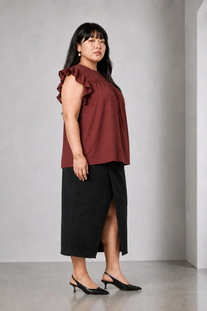 Ruvo|Brown Cotton Slub Ruffle Sleeve Top