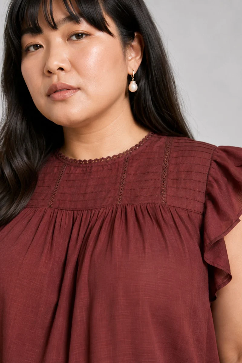 Ruvo|Brown Cotton Slub Ruffle Sleeve Top