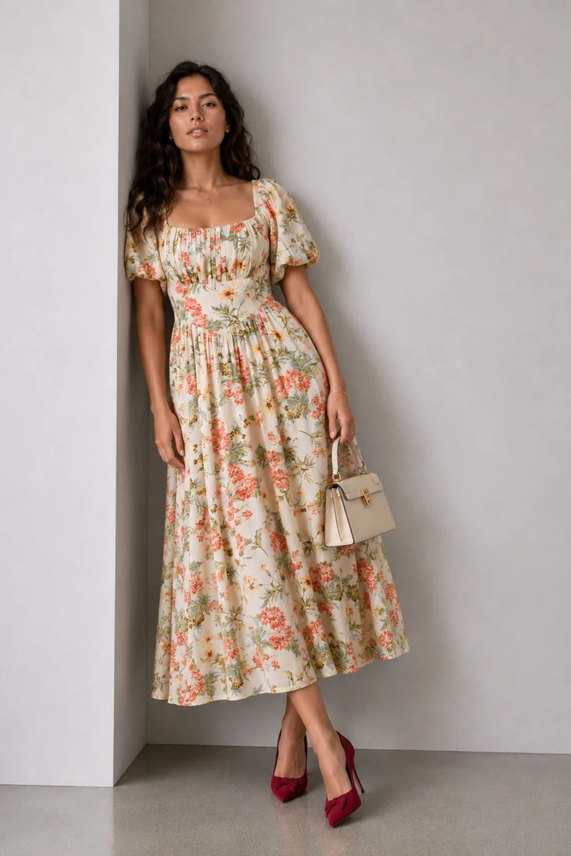 Fayen|Viscose Quare Neck Puff Sleeve Midi Dress