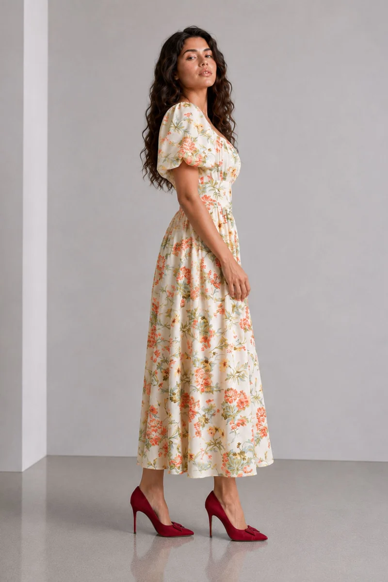 Fayen|Viscose Quare Neck Puff Sleeve Midi Dress