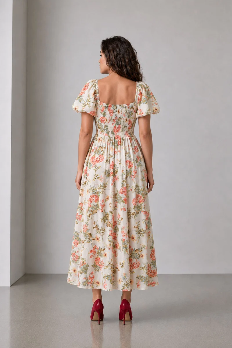 Fayen|Viscose Quare Neck Puff Sleeve Midi Dress