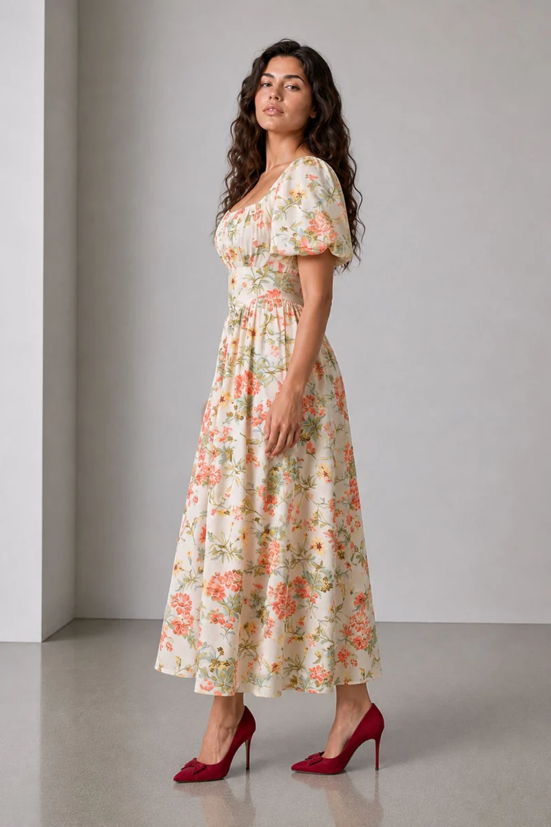 Fayen|Viscose Quare Neck Puff Sleeve Midi Dress