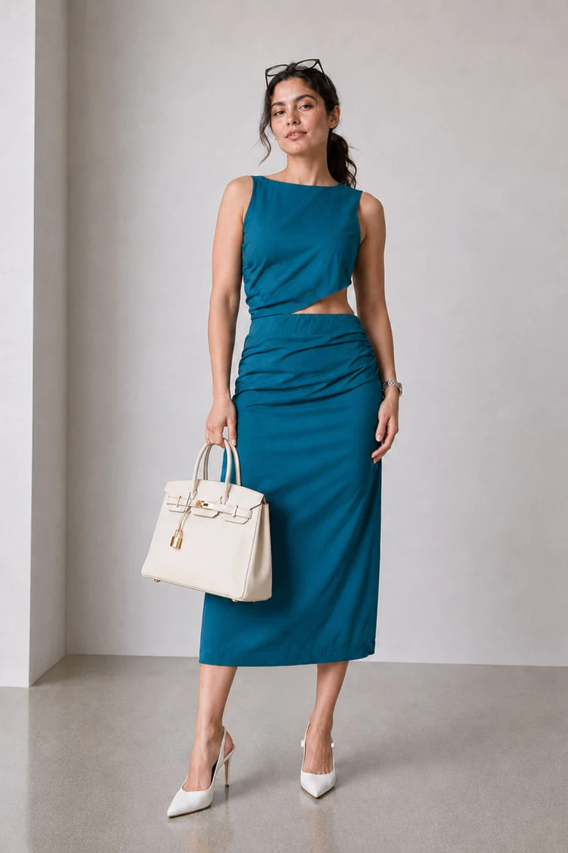 Tess|Linen Boat Neck Waist Cutout Midi Dress