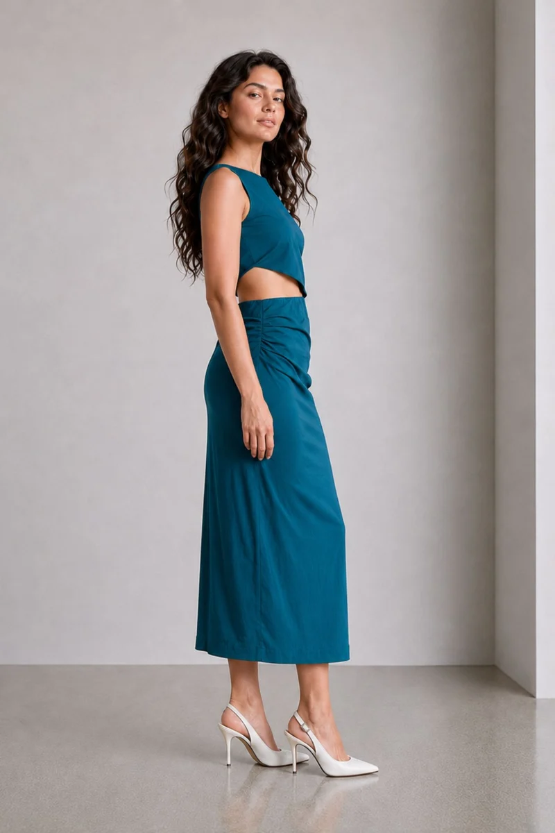 Tess|Linen Boat Neck Waist Cutout Midi Dress