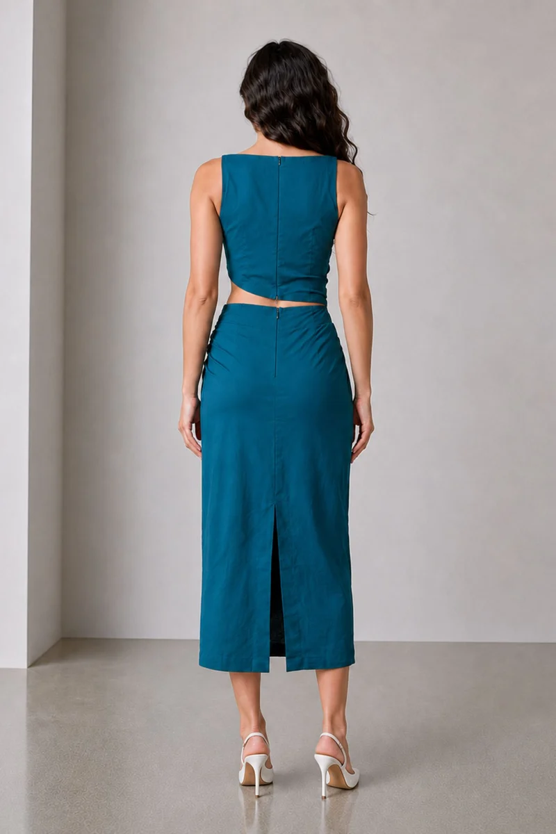 Tess|Linen Boat Neck Waist Cutout Midi Dress