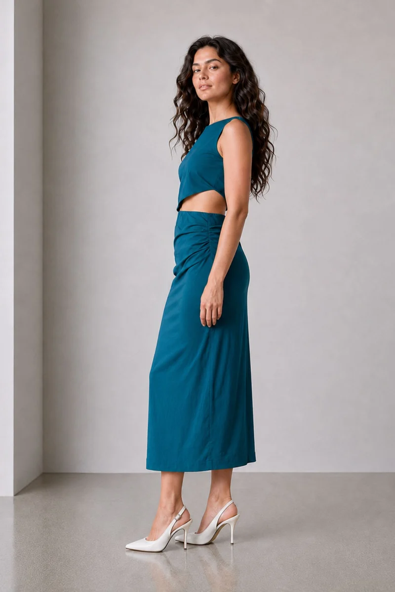 Tess|Linen Boat Neck Waist Cutout Midi Dress