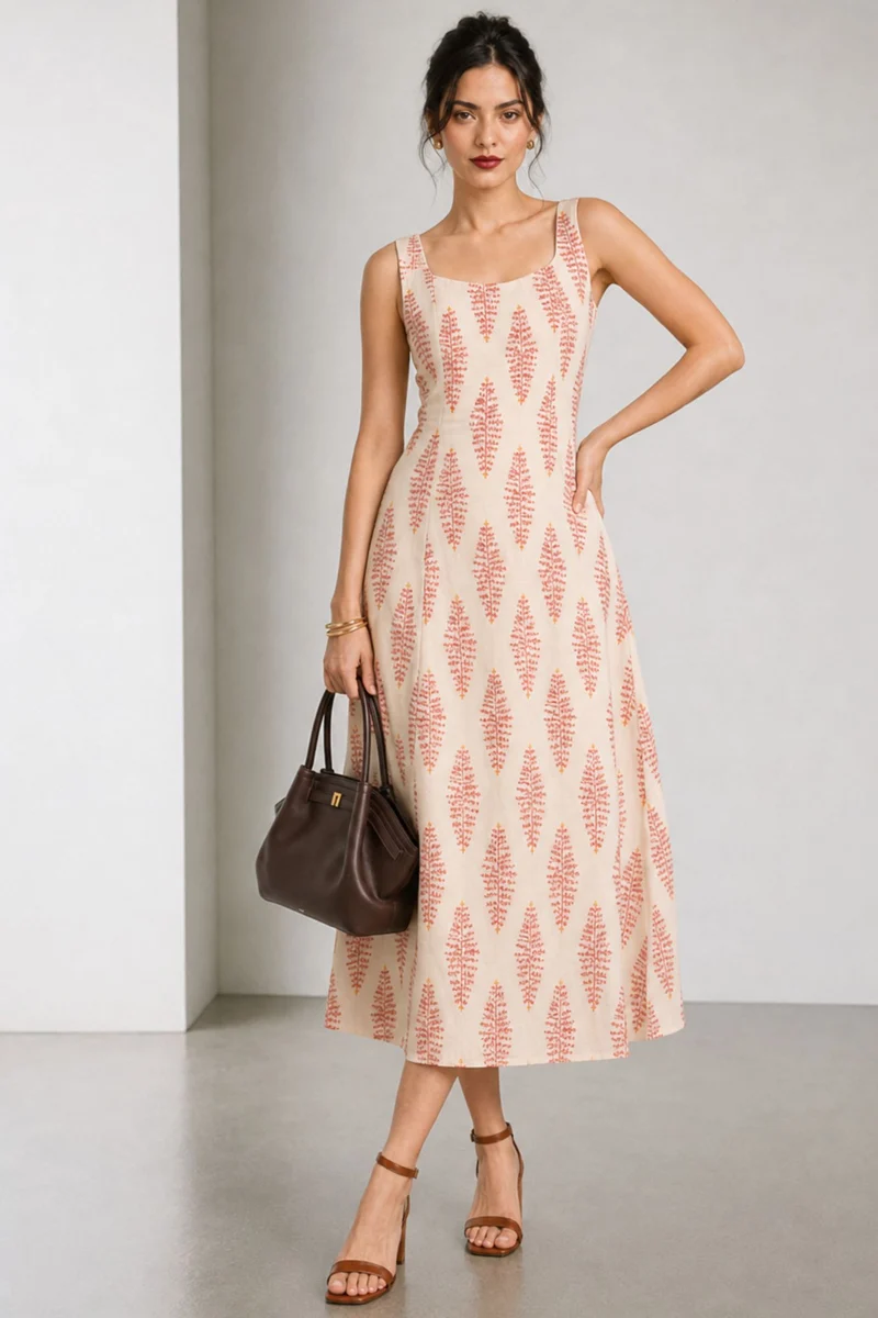Mirex|Cotton Printed Broad Strap Panel Dress