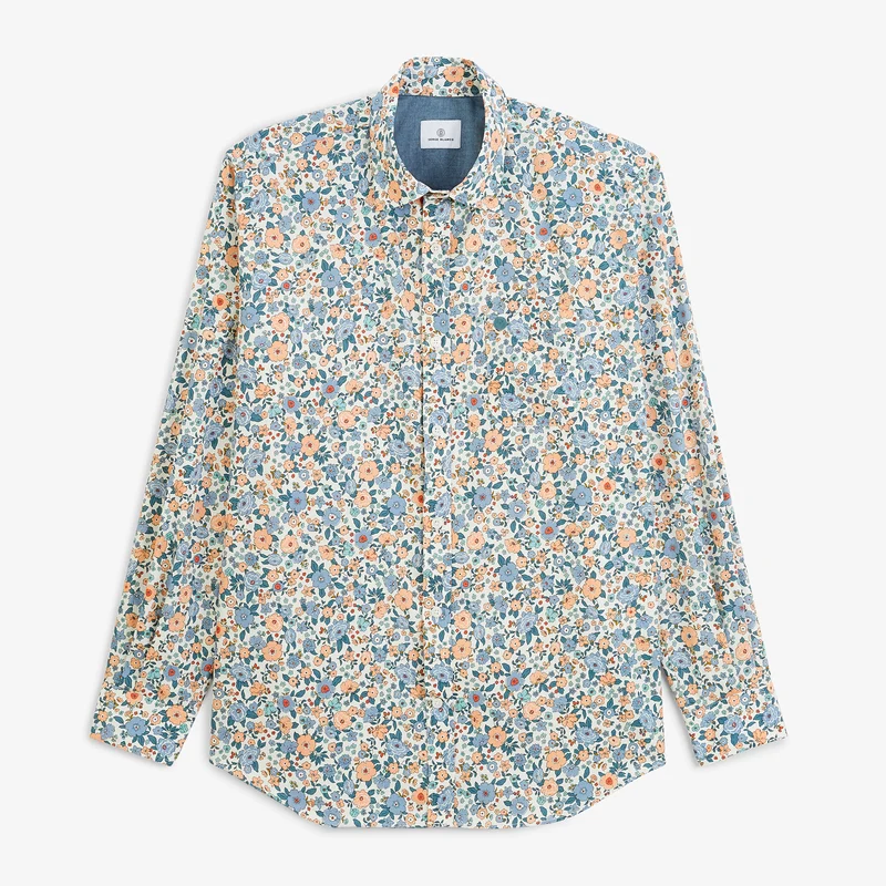 Chemise manches longues coton imprimé fleurs bleu
