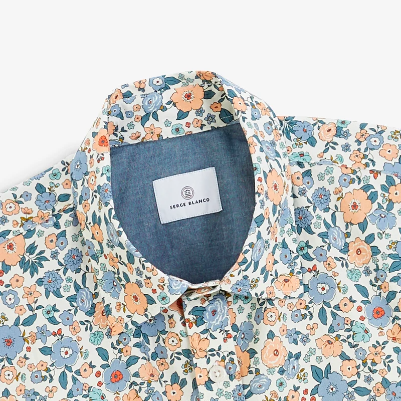 Chemise manches longues coton imprimé fleurs bleu