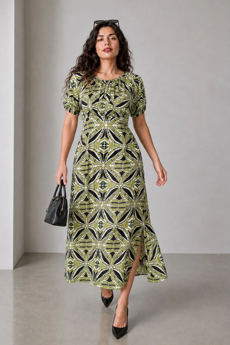 Dovin|Cotton Printed Maxi Dress With Puff Sleeves