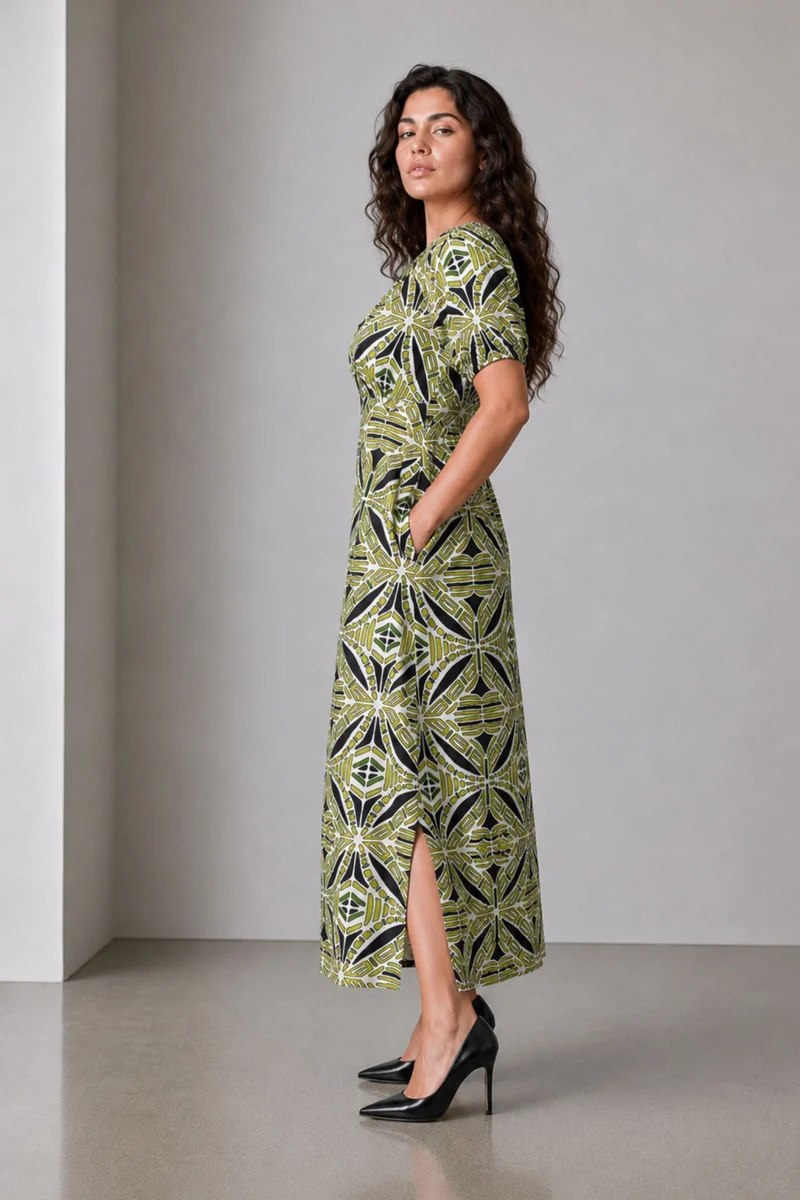 Dovin|Cotton Printed Maxi Dress With Puff Sleeves
