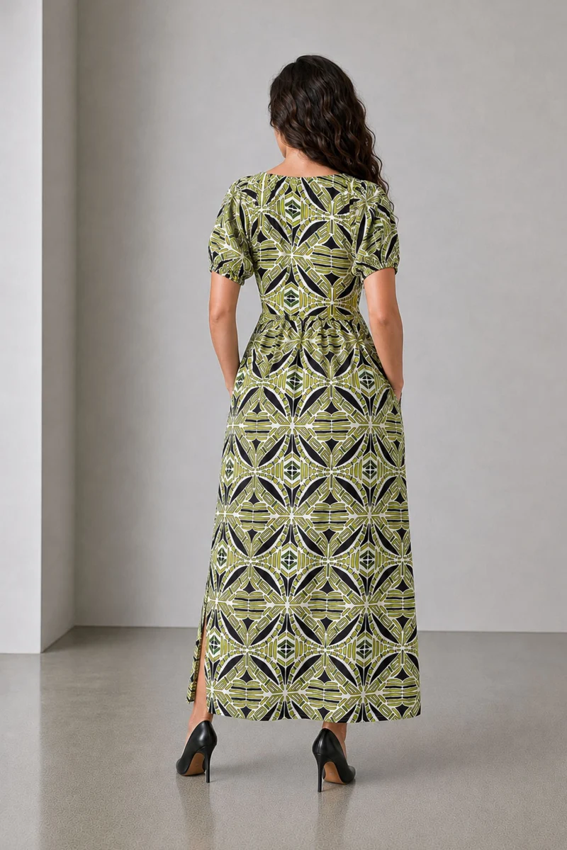 Dovin|Cotton Printed Maxi Dress With Puff Sleeves