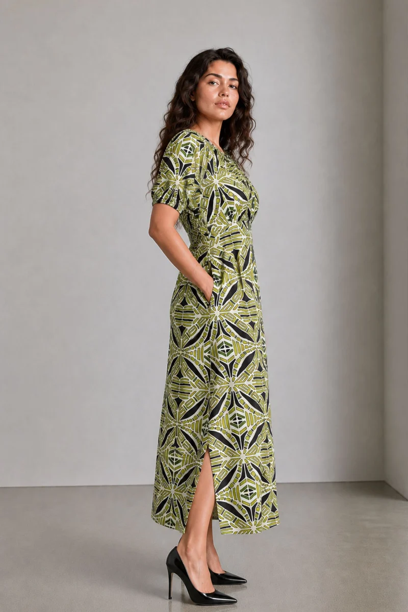Dovin|Cotton Printed Maxi Dress With Puff Sleeves