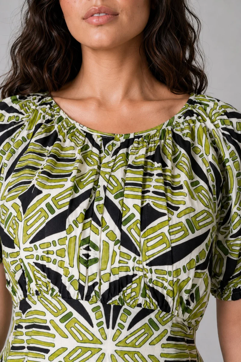 Dovin|Cotton Printed Maxi Dress With Puff Sleeves