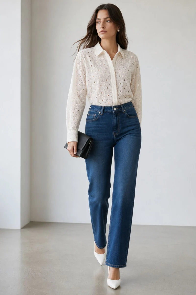 Linora|100% Cotton Embroidered Relaxed Fit Shirt