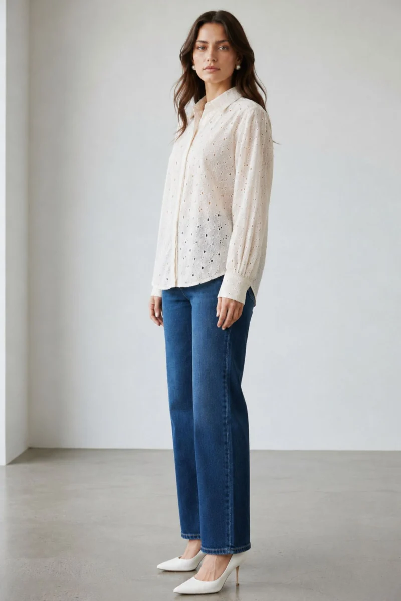 Linora|100% Cotton Embroidered Relaxed Fit Shirt