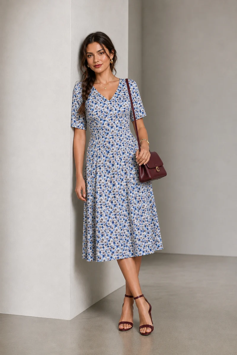 Cavelle|Cotton Fit Flare Vneck Midi Dress