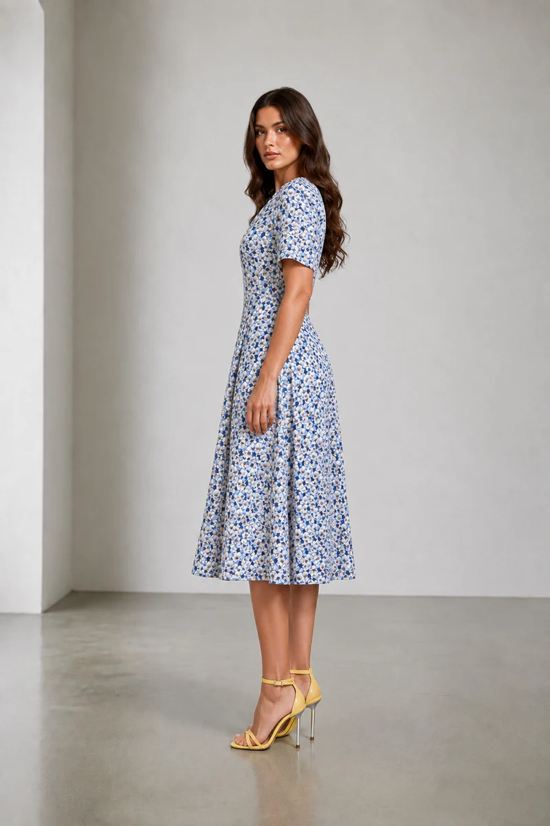 Cavelle|Cotton Fit Flare Vneck Midi Dress