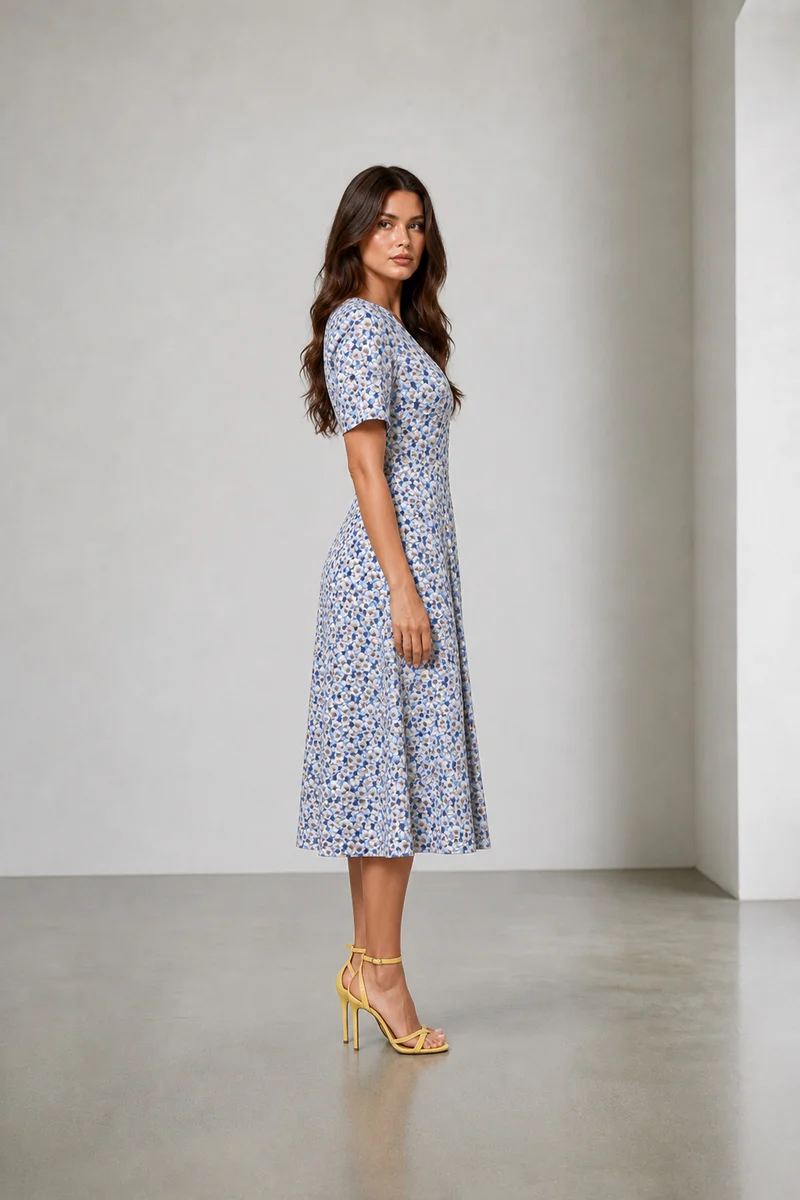 Cavelle|Cotton Fit Flare Vneck Midi Dress