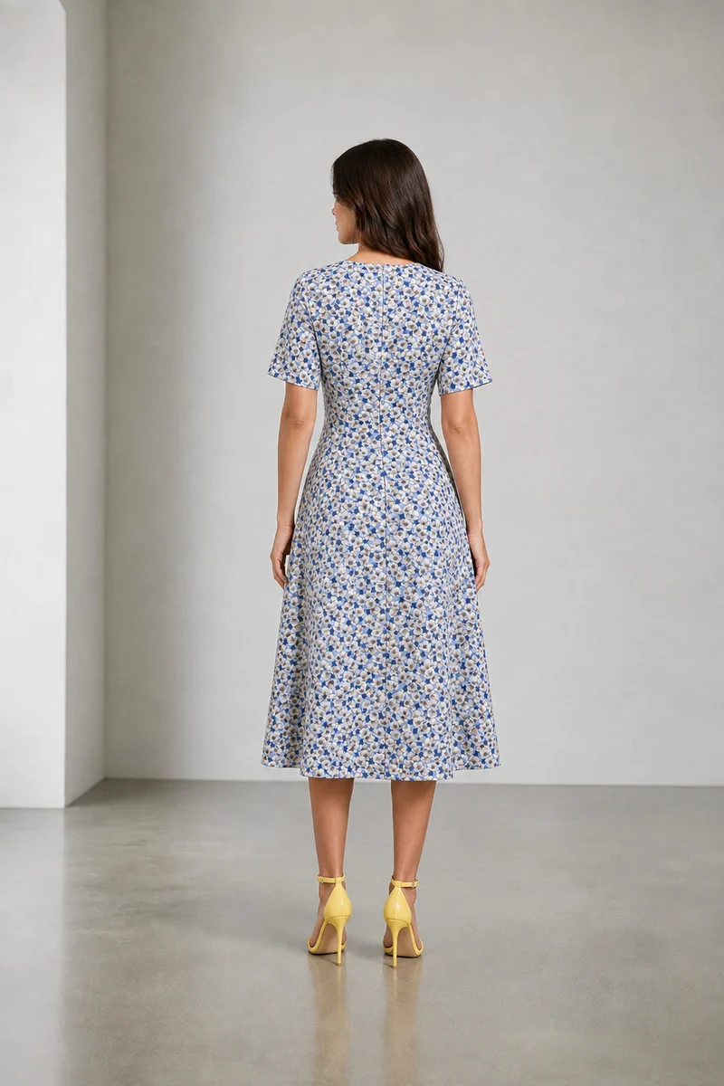Cavelle|Cotton Fit Flare Vneck Midi Dress