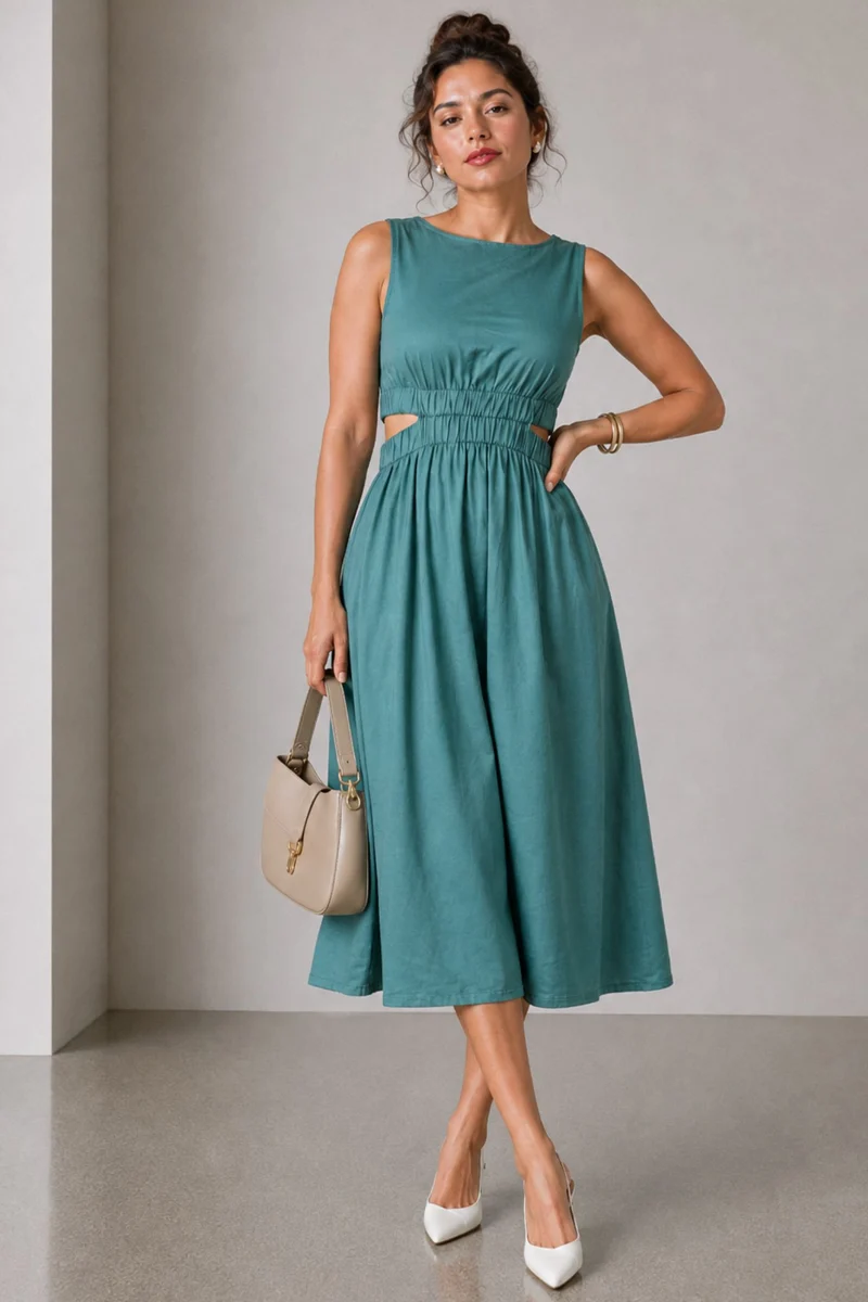 Marel|Cotton Waist Cut Out Midi Dress