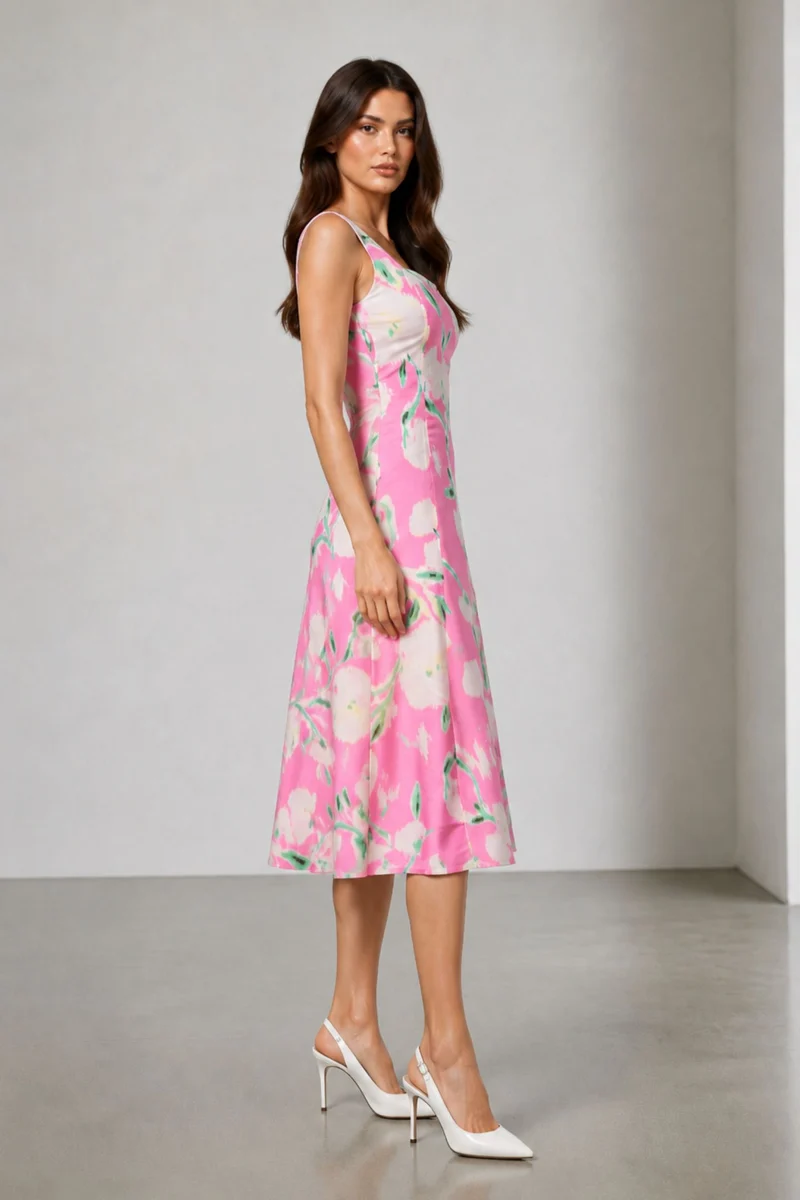Savine|Viscose Printed Broad Strap Panel Dress