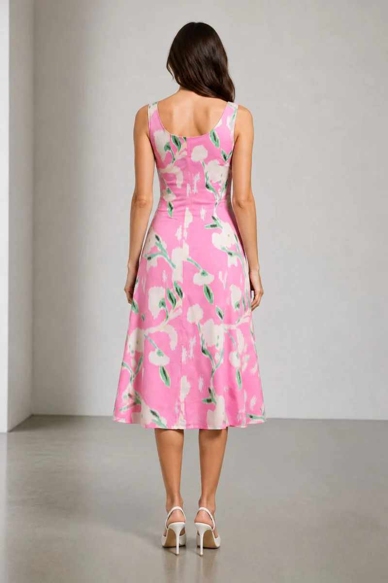 Savine|Viscose Printed Broad Strap Panel Dress