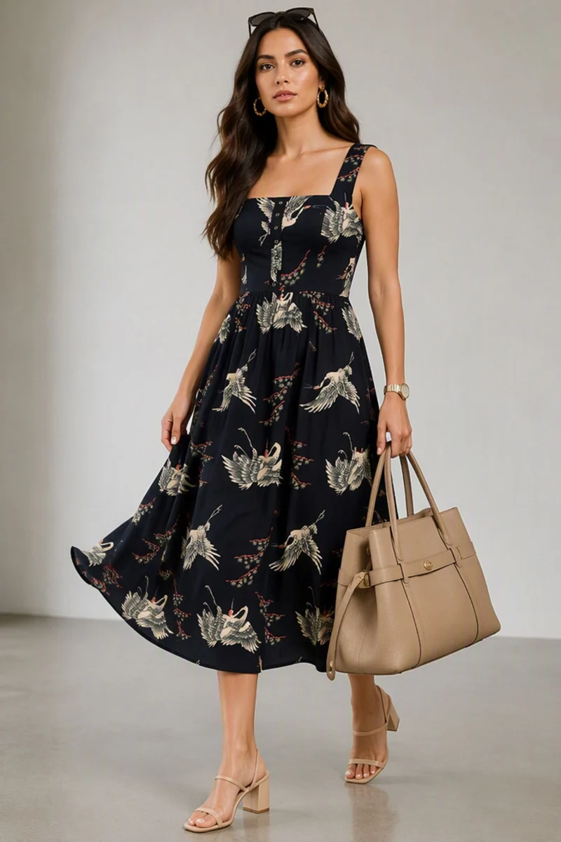 Nolana|Viscose Square Neck Printed Midi Dress