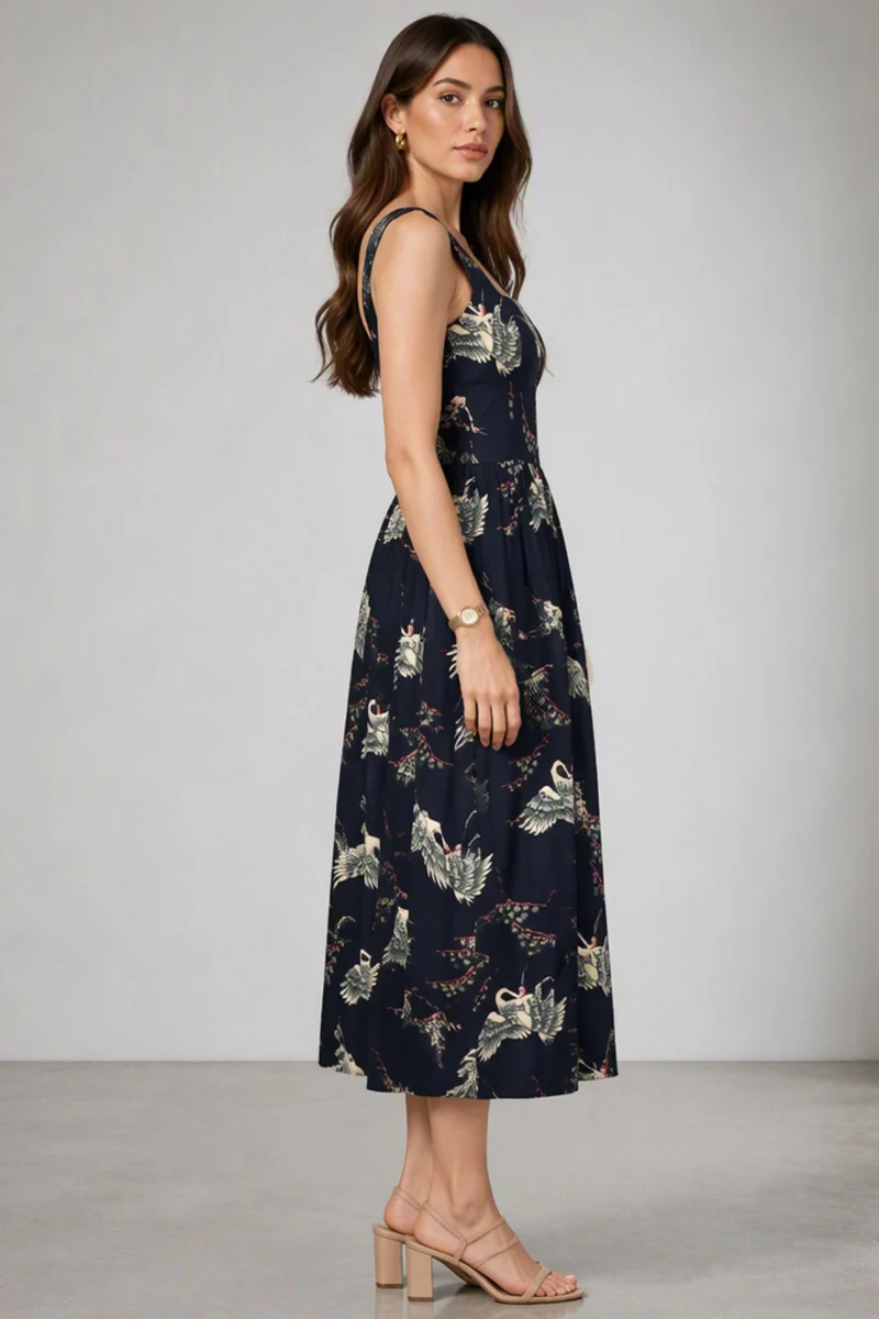 Nolana|Viscose Square Neck Printed Midi Dress