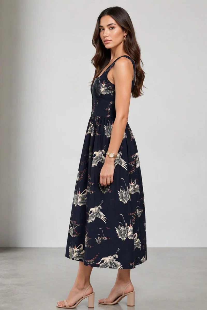 Nolana|Viscose Square Neck Printed Midi Dress