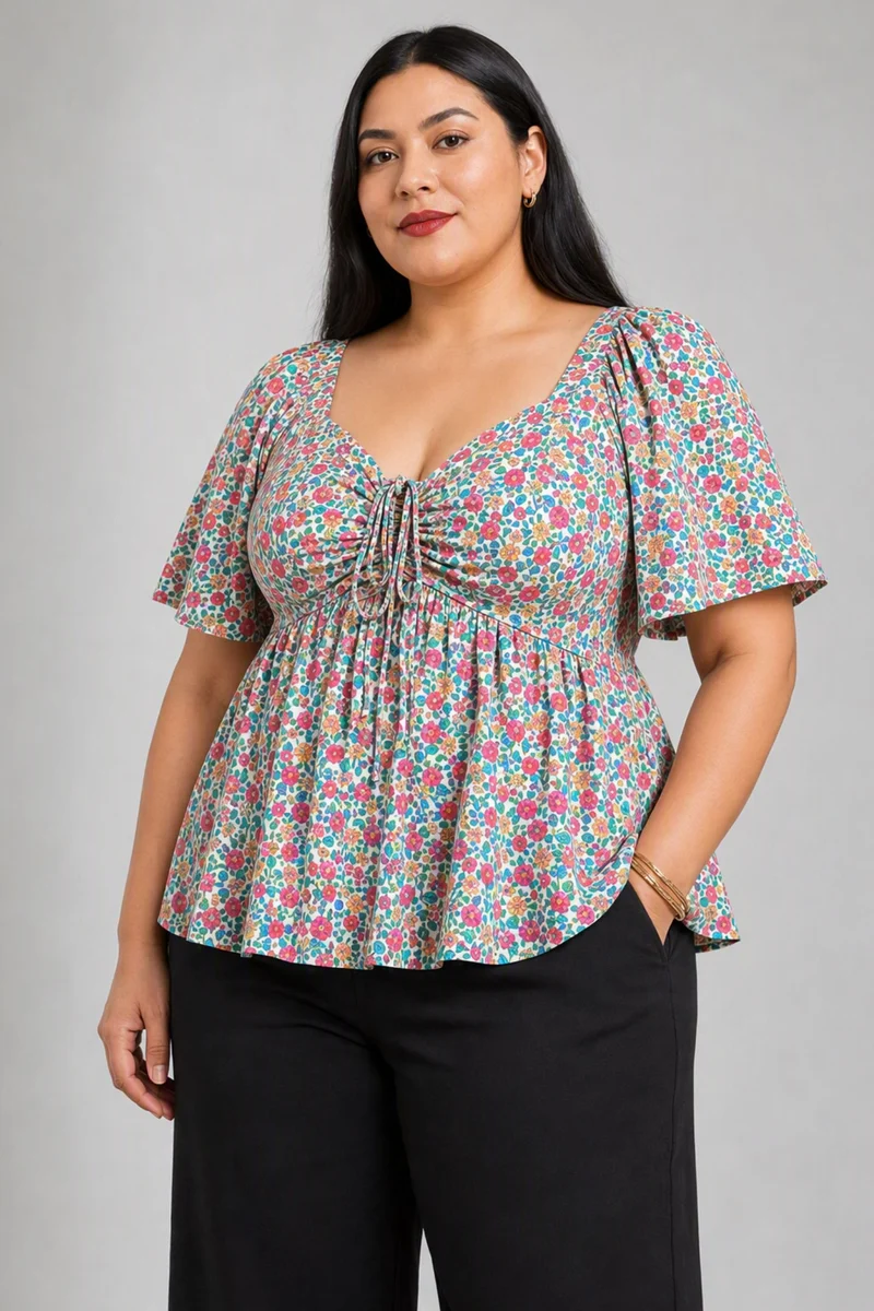 Elia|Viscose Rayon Smocked Peplum Top