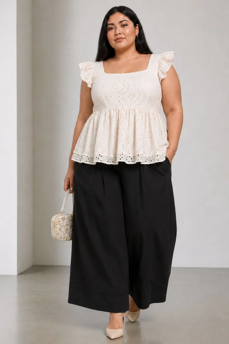Selio|Elegant White Cotton Schiffli Top