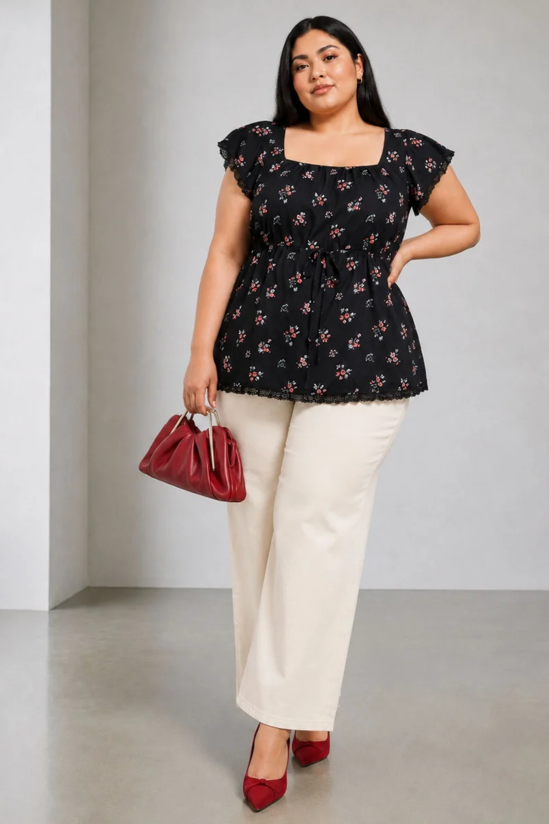 Viora|Viscose Peplum Top With Lace Detail