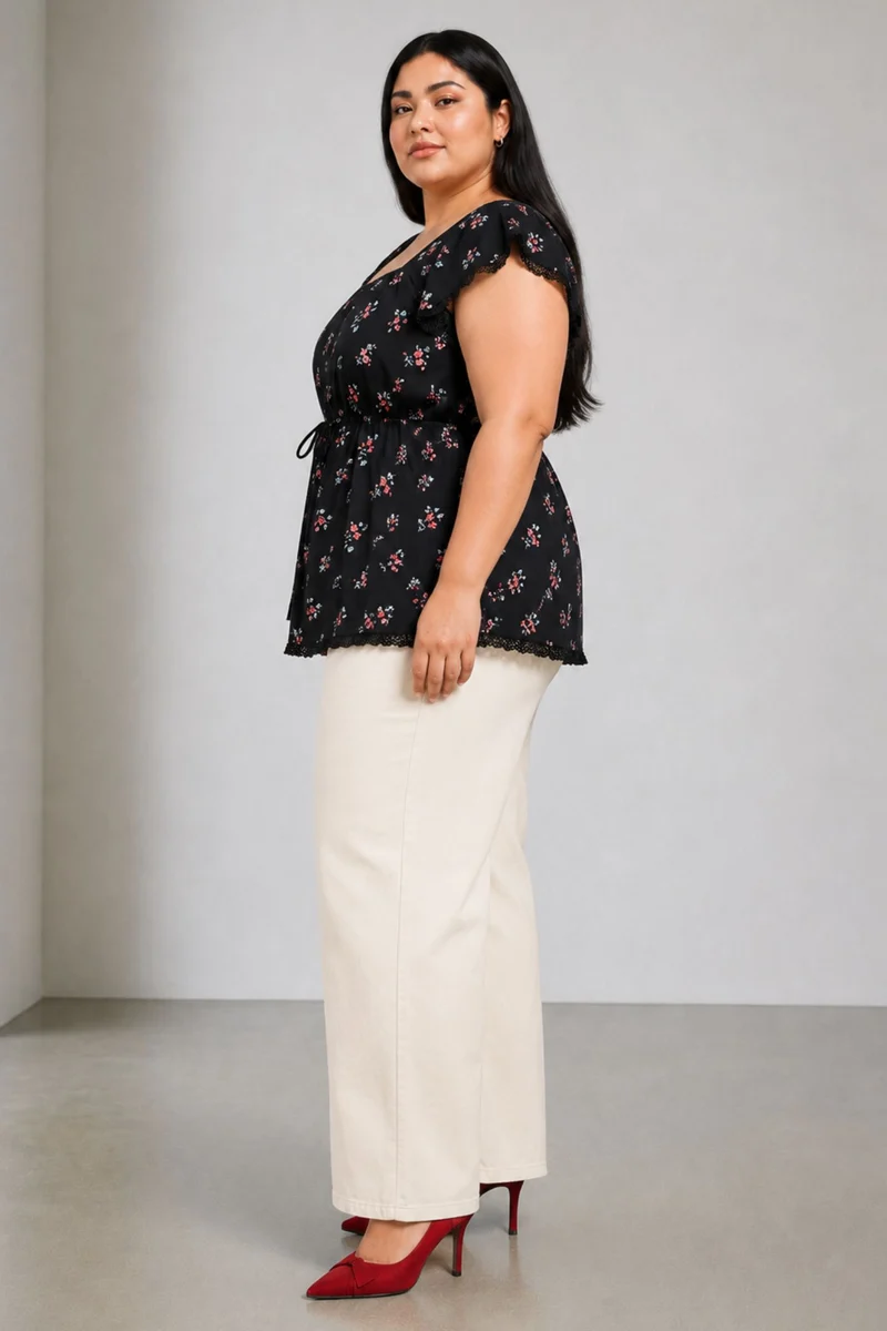 Viora|Viscose Peplum Top With Lace Detail