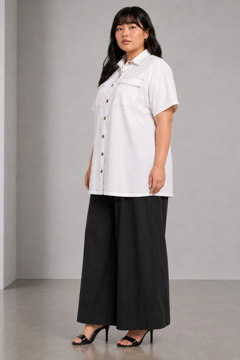 Talin|Linen Blend Contrast Stitch Shacket