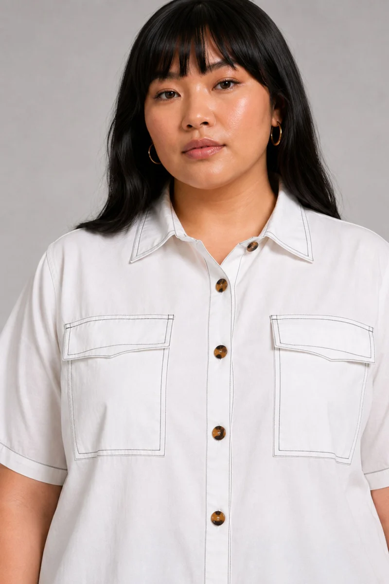 Talin|Linen Blend Contrast Stitch Shacket