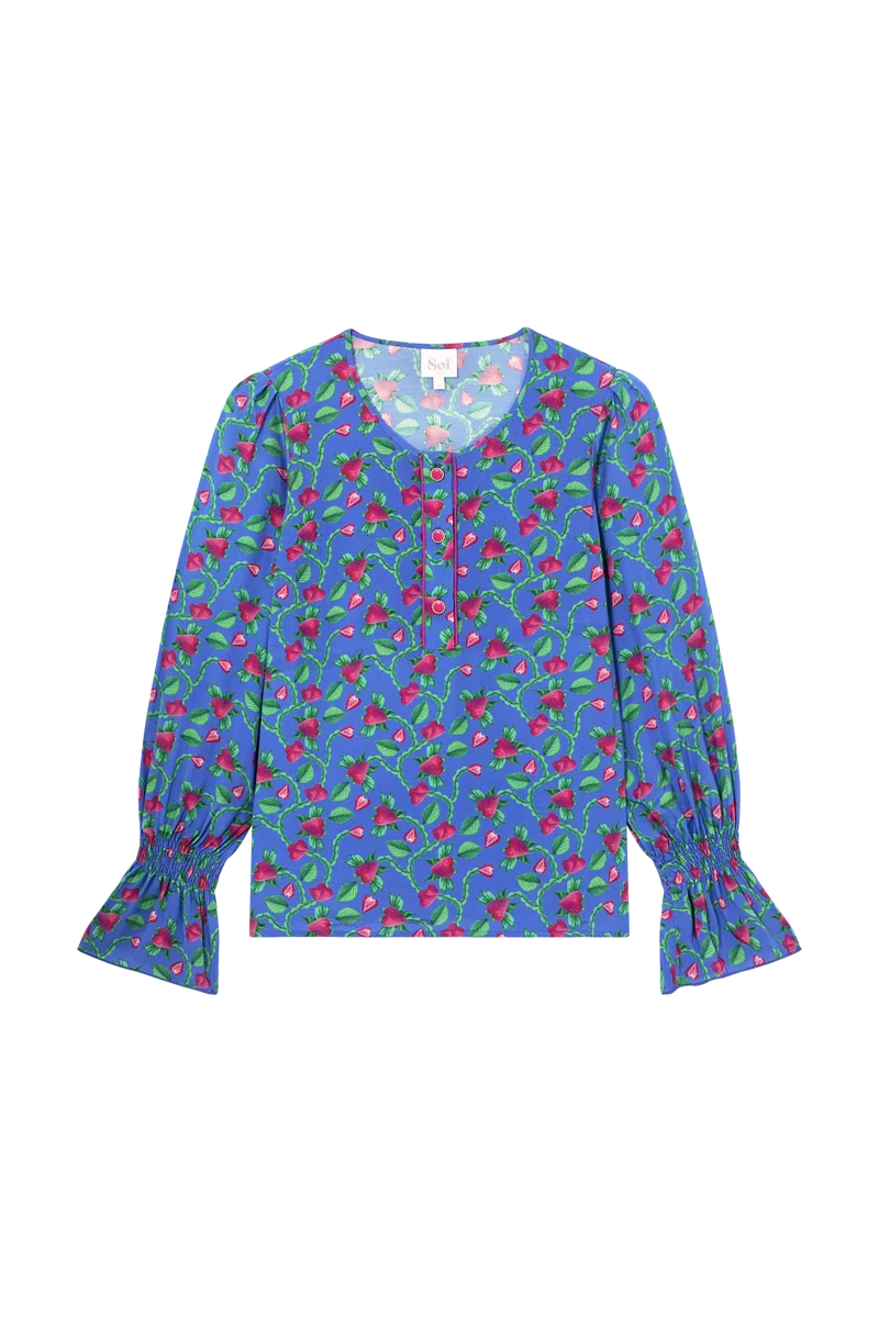 Blouse Flamboyante Fraises Volantes Bleu