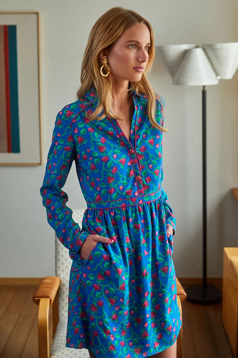 Robe Splendide Fraises Volantes Bleu
