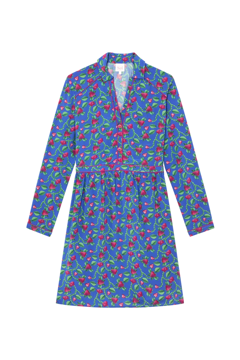 Robe Splendide Fraises Volantes Bleu