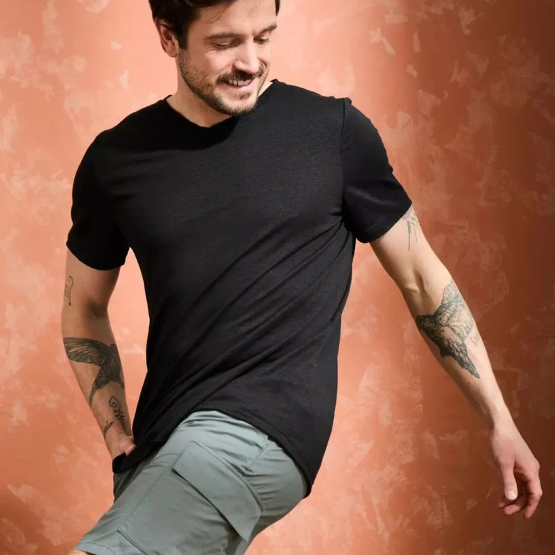 T-shirt en lin homme Col V Noir