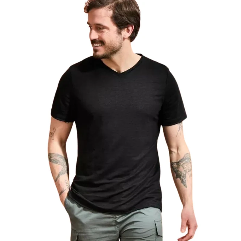 T-shirt en lin homme Col V Noir