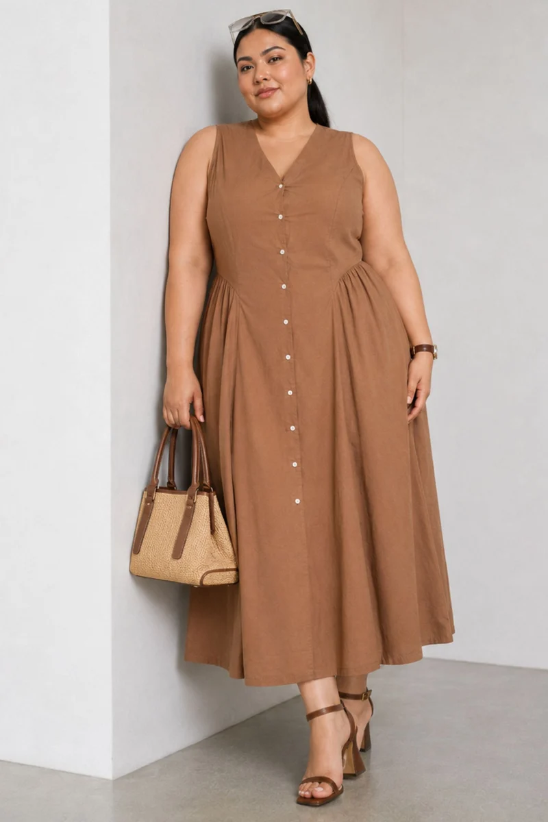 Vela|Cotton V Neck Maxi Shirt Dress