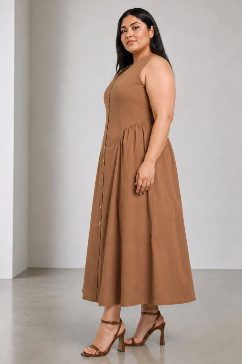 Vela|Cotton V Neck Maxi Shirt Dress