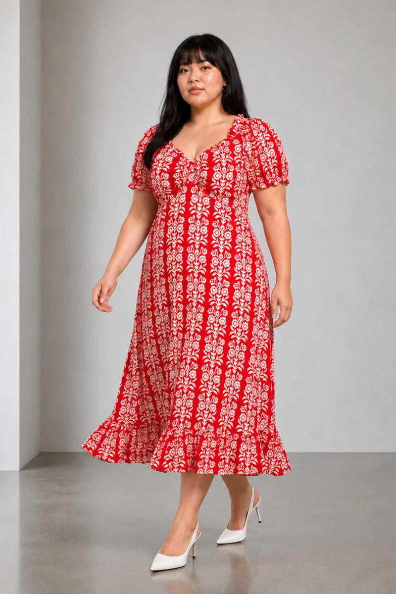 Arvia|Cotton Sweet Heart Neck Midi Dress