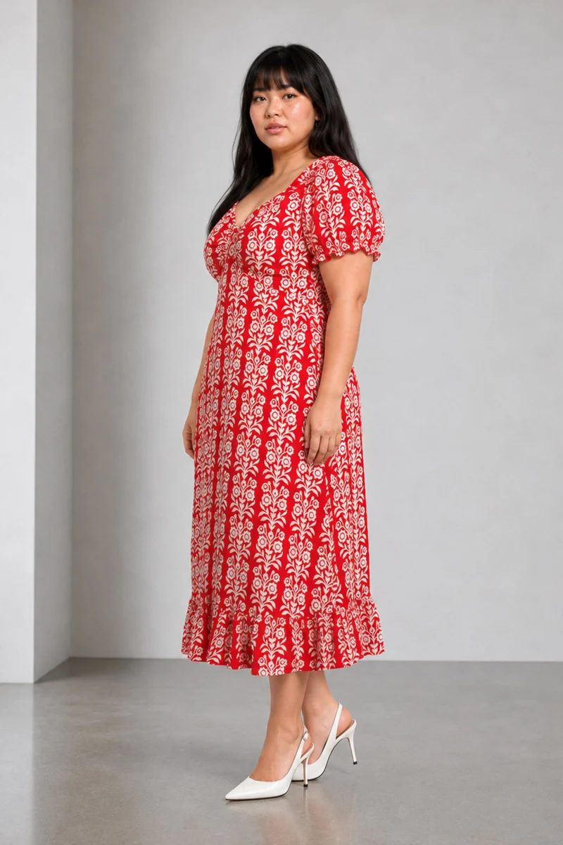 Arvia|Cotton Sweet Heart Neck Midi Dress