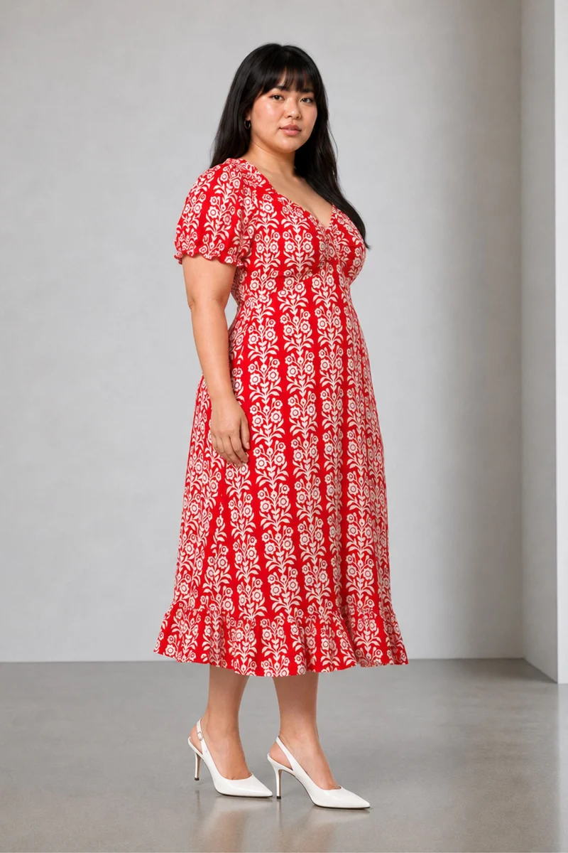 Arvia|Cotton Sweet Heart Neck Midi Dress