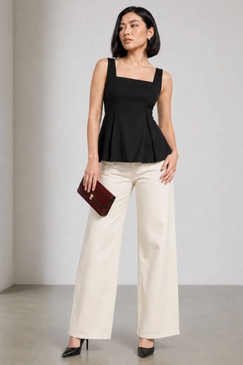 Novel|Black Cotton Slub Peplum Top